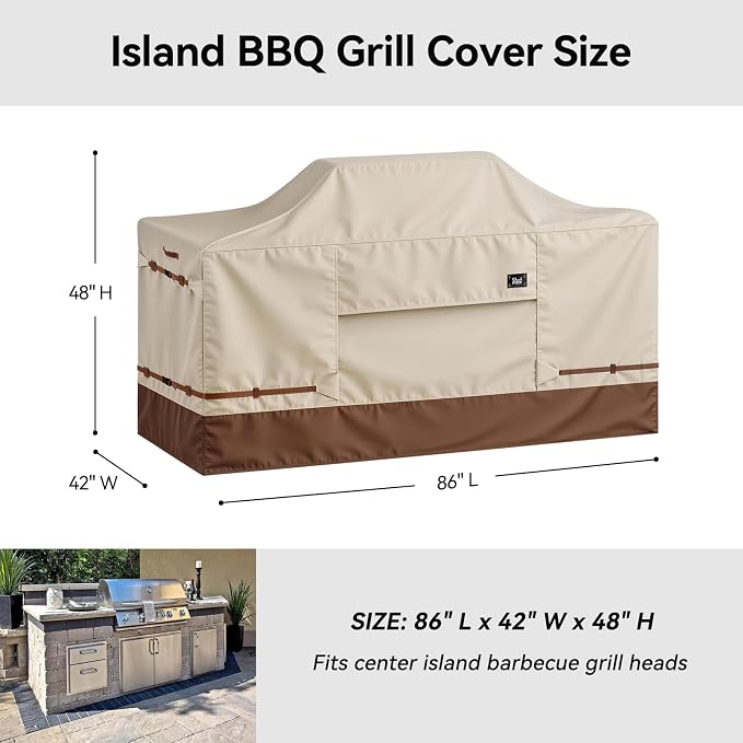 600D Heavy Duty Waterproof Extra Large Grill Cover, Fits for 86 Inch Island with Center Grill Head, Tear & Fade Resistant Outdoor Kitchen Cover with Buckle, Drawstring, Air Vent, Beige & Brown