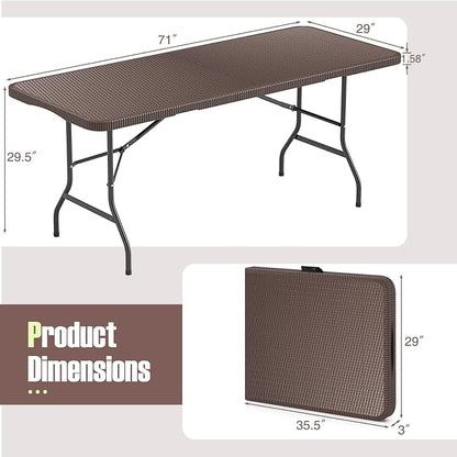 Goplus 6ft Plastic Folding Table, 350 LBS Outdoor Heavy Duty Folding Tables with Rattan-Like HDPE Tabletop, Handle, Lock, Foldable Rectangle Portable Utility Card Table for Picnic, Camping, Dining