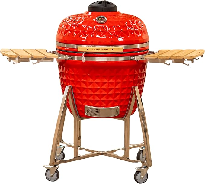 26" Large Kamado Grill COALS by Comfortbilt Ceramic Grill Charcoal Grill Smoker with Cart Side Shelves and 680 Cooking Square Inches in Red