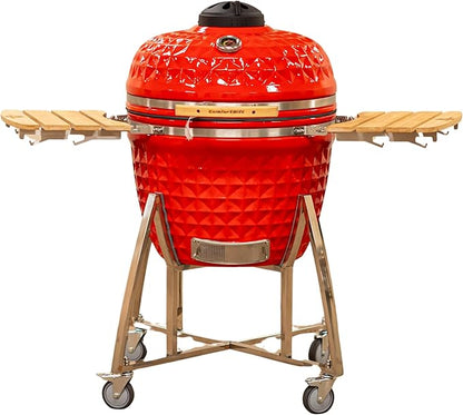26" Large Kamado Grill COALS by Comfortbilt Ceramic Grill Charcoal Grill Smoker with Cart Side Shelves and 680 Cooking Square Inches in Red