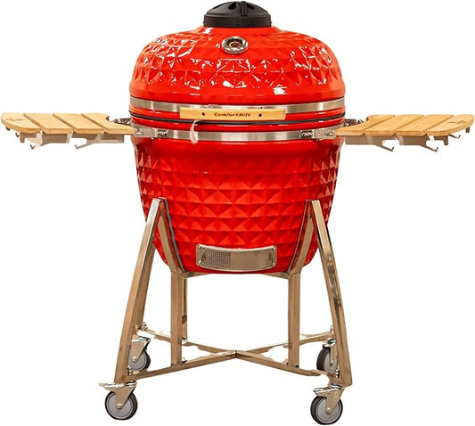 26" Large Kamado Grill COALS by Comfortbilt Ceramic Grill Charcoal Grill Smoker with Cart Side Shelves and 680 Cooking Square Inches in Red