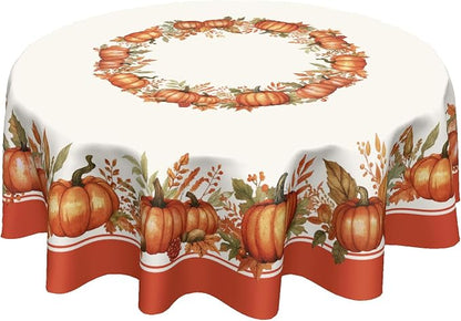 Sweetshow Fall Pumpkin Table Cloth Round Autumn Maple Leaves Tablecloth 70 Inch Decor Washable Stain and Wrinkle Resistant Thanksgiving Round Table Cover for Dining Party Picnic