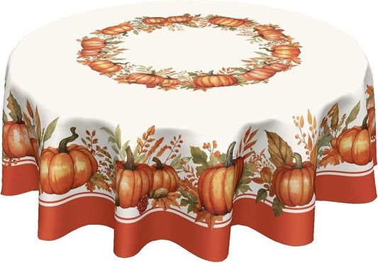 Sweetshow Fall Pumpkin Table Cloth Round Autumn Maple Leaves Tablecloth 60 Inch Decor Washable Stain and Wrinkle Resistant Thanksgiving Round Table Cover for Dining Party Picnic