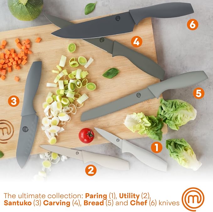 MasterChef Knife Set with Block, 7pc Kitchen Knives Set with Holder, Grey | Knife Block Set with Sharp Stainless Steel Blades for Precise Cutting with Non Stick Coating & Soft Touch Easy Grip Handles