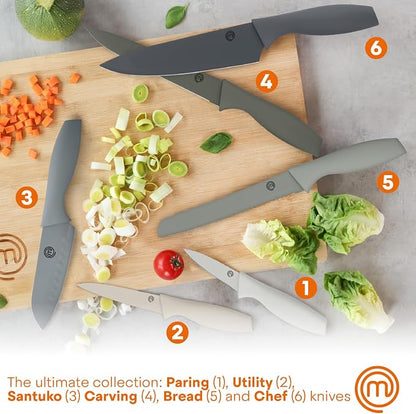 MasterChef Knife Set with Block, 7pc Kitchen Knives Set with Holder, Grey | Knife Block Set with Sharp Stainless Steel Blades for Precise Cutting with Non Stick Coating & Soft Touch Easy Grip Handles