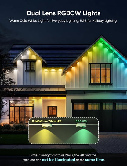 APPECK Permanent Outdoor Lights Pro, 100ft with 72 RGBCW Eaves Lights | Dual Lens, 72W, 80lm, Cuttable, IP67 Waterproof Lighting for Daily and Holiday Decor, Compatible with Alexa, White