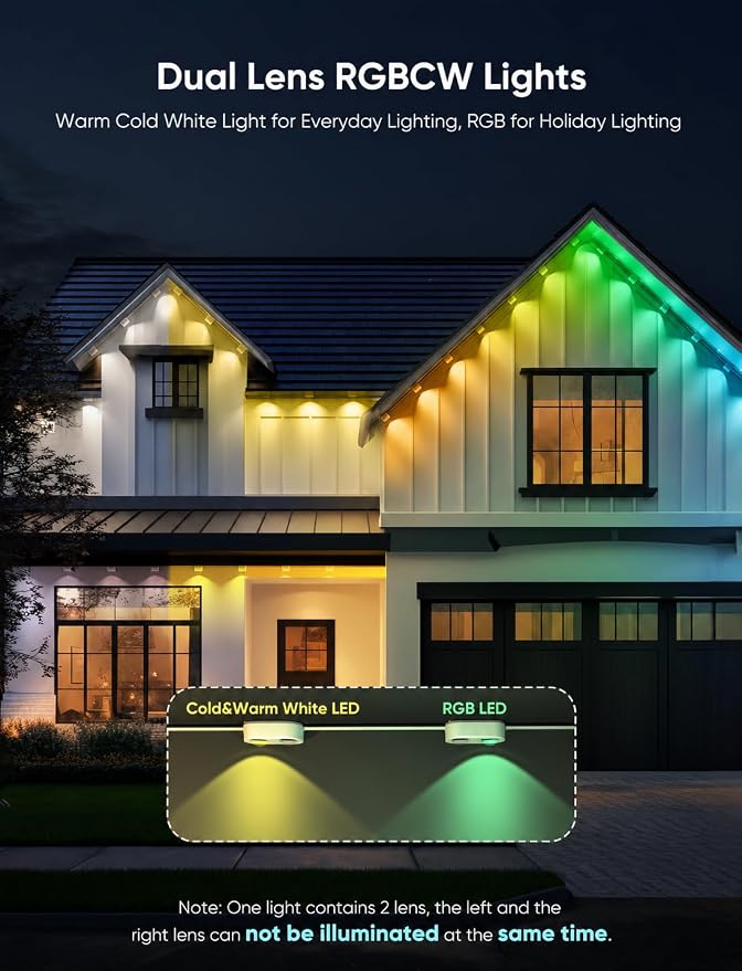 APPECK Permanent Outdoor Lights Pro, 150ft with 108 RGBCW Eaves Lights | Dual Lens, 108W, 80lm, Cuttable, IP67 Waterproof Lighting for Daily and Holiday Decor, Compatible with Alexa, White