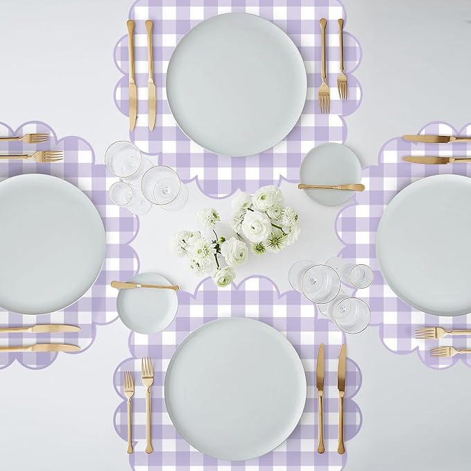 100 Pcs Checkered Paper Placemats Purple Gingham Place Mats 13.5 Inch Disposable Round Decorative Dining Table Mat with Scalloped Edge Paper Cutouts Decor for Wedding Baby Shower Party Supplies