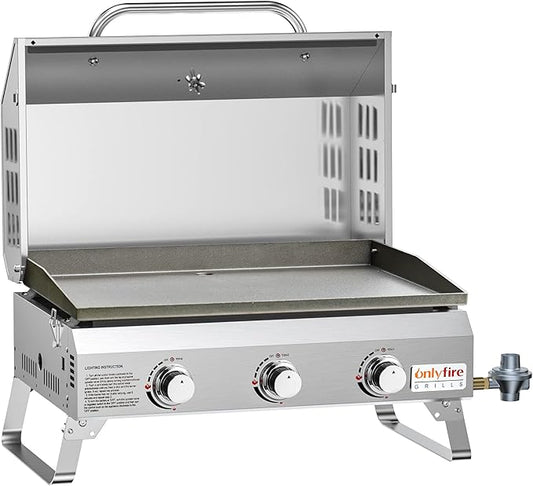 ONLYFIRE GRILLS Tabletop Gas Griddle with Foldable Legs, Portable 3-Burner Propane Gas Grill Griddle Flat Top for Outdoor Cooking Patio Barbecue Camping Tailgating RV BBQ, Stainless Steel, #GS309