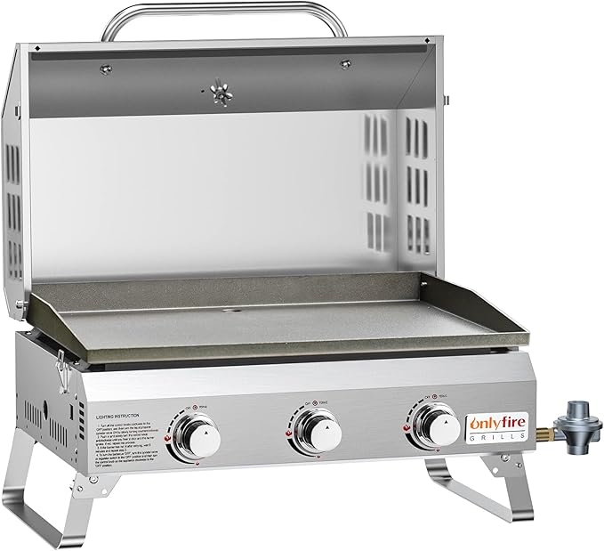 ONLYFIRE GRILLS Tabletop Gas Griddle with Foldable Legs, Portable 3-Burner Propane Gas Grill Griddle Flat Top for Outdoor Cooking Patio Barbecue Camping Tailgating RV BBQ, Stainless Steel, #GS309