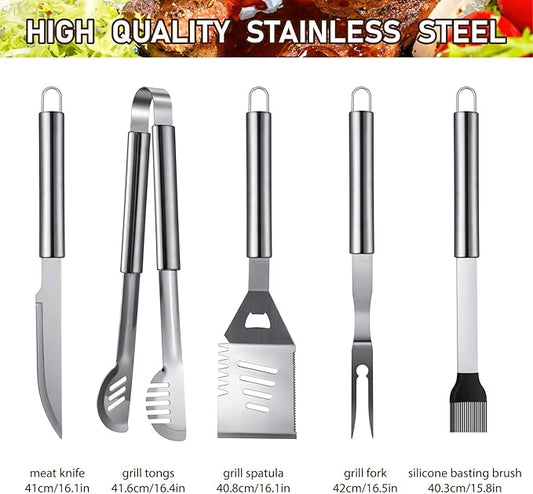 HUSSAR 34PCS BBQ Grill Tools Set Stainless Steel Grilling Accessories with Spatula, Tongs, Skewers for Barbecue, Camping, Kitchen, Complete Premium Grill Utensils Set in Storage Bag, Silver, (BTS-34)