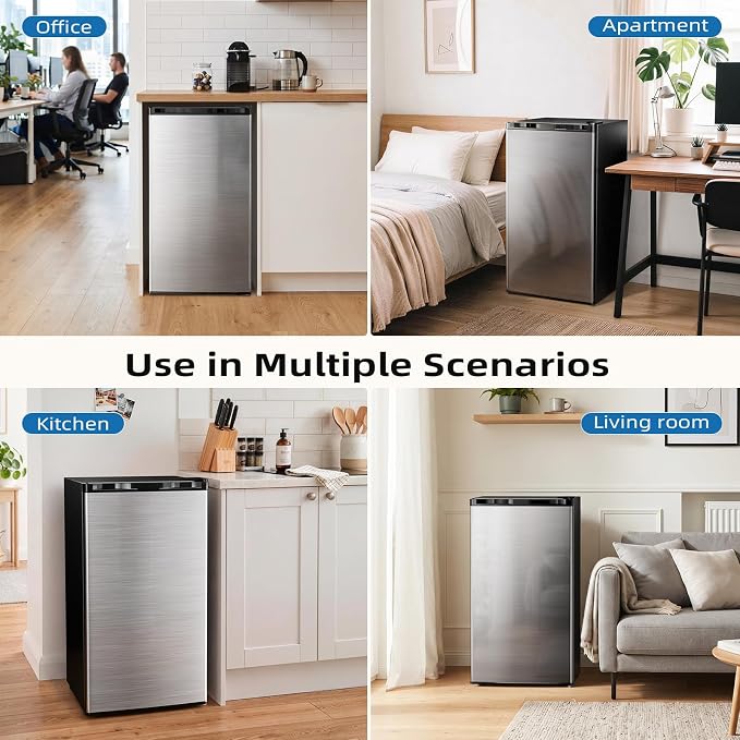 Antarctic Star 3.2 Cu.Ft. Compact Refrigerator,Single Door Mini Fridge with Adjustable Thermostat,Low noise for Apartment,Dorm,Office,STEEL
