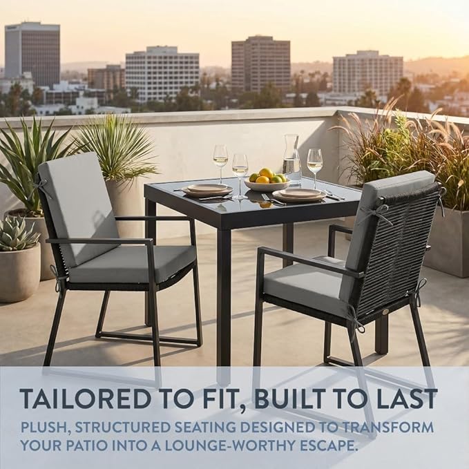 California Umbrella Outdoor Dining Chair, Set of 2 Patio Seat Cushions, 20 x 40 Inch, Premium Outdoor Memory Foam, Fade Resistant, Sunbrella Fabric, Fabric Ties, Granite