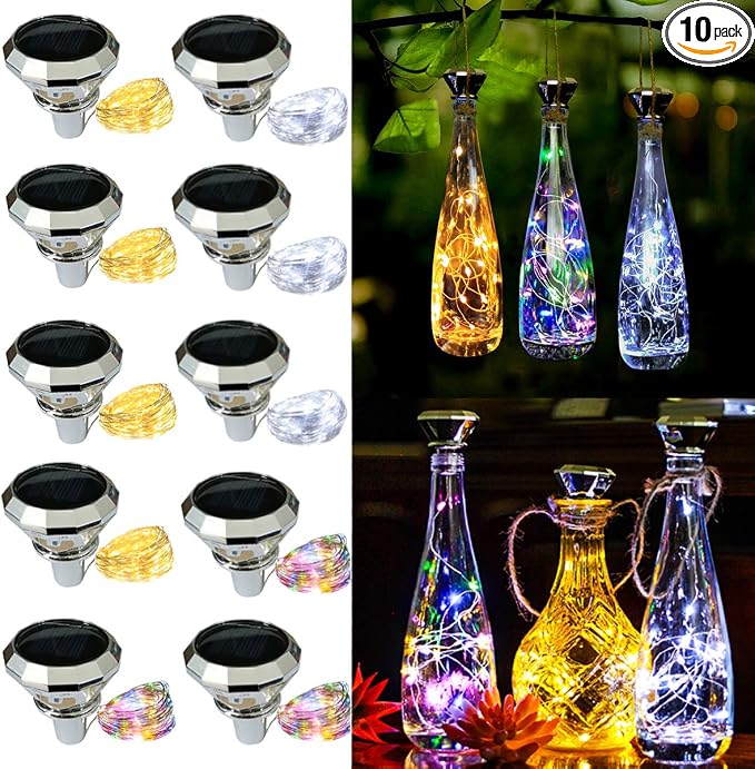 Solar Diamond Wine Bottle Lights 10 Pack 20LED Outdoor Waterproof Multicolor Fairy Light String (3 Colors), Suitable for Most Wine Bottle Mouths, for Garden, Terrace, Party Decoration