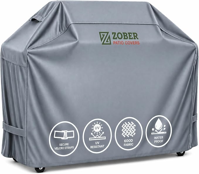 Zober BBQ Grill Cover - 64 Inch Waterproof Double Layered Fits Weber Gas Grill Cover Charbroil Grill & Smoker - Gas Grill Covers w/ Air Vents, Dual Handles - 600D Oxford Fabric, Gray