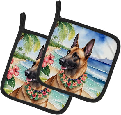 Caroline's Treasures Belgian Malinois Luau Pair of Pot Holders Kitchen Heat Resistant Pot Holders Sets Oven Hot Pads for Cooking Baking BBQ, 7 1/2 x 7 1/2