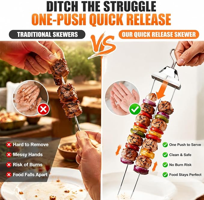 Premium 3-Prong Stainless Steel BBQ Skewer Set, Slide-Out Design Grilling Fork with Basting Brush & Storage Bag, Reusable Kebab Tool for Barbecue, Camping & Outdoor Cooking