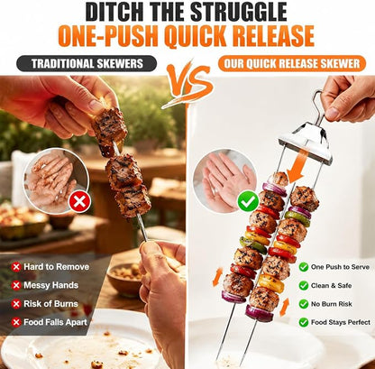 Premium 3-Prong Stainless Steel BBQ Skewer Set, Slide-Out Design Grilling Fork with Basting Brush & Storage Bag, Reusable Kebab Tool for Barbecue, Camping & Outdoor Cooking