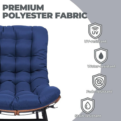 COMHOMA Outdoor Rocking Papasan Chair, Oversized Wicker Patio Rocker, Indoor Comfy Wicker Reading Lounge, Bed-Like Comfort Egg Chair for Bedroom,Balcony, Porch, Garden, Blue