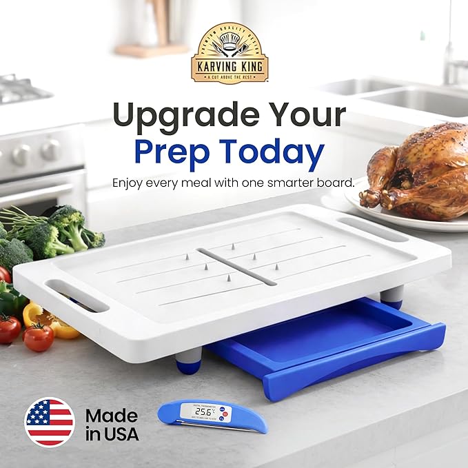 Large Cutting Board - XL Deluxe Meal Prep System with Meat Thermometer, Juice Groove, Spikes, Drip Tray & Removable BPA Free Cutting Board - Patented Multi-Feature Design Carving Board - Kitchen Gifts