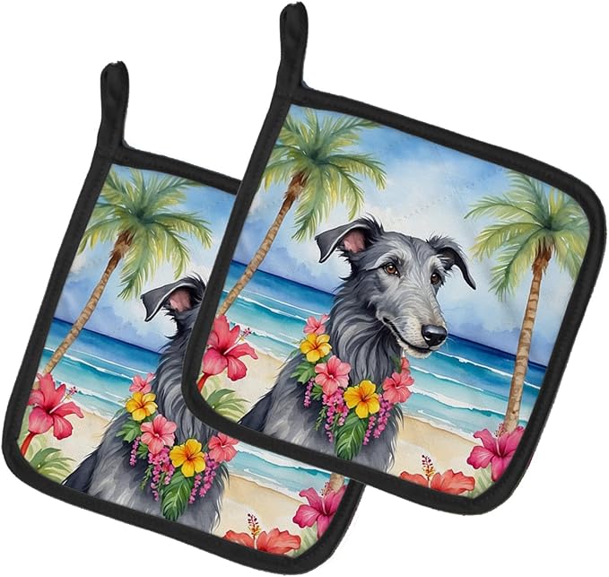 Caroline's Treasures Scottish Deerhound Luau Pair of Pot Holders Kitchen Heat Resistant Pot Holders Sets Oven Hot Pads for Cooking Baking BBQ, 7 1/2 x 7 1/2