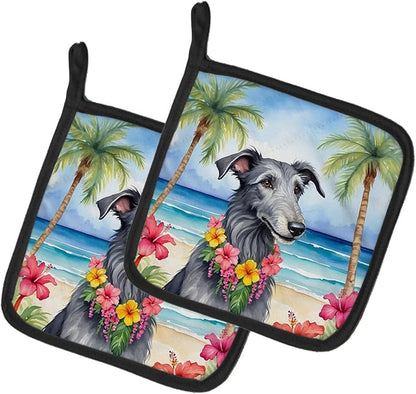 Caroline's Treasures Scottish Deerhound Luau Pair of Pot Holders Kitchen Heat Resistant Pot Holders Sets Oven Hot Pads for Cooking Baking BBQ, 7 1/2 x 7 1/2