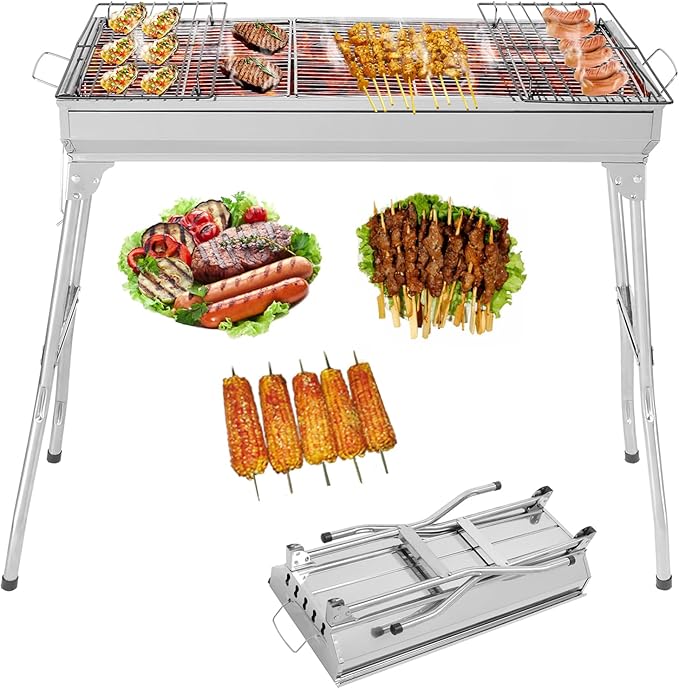 Folding Barbecue Charcoal Grill Portable Stainless Steel Lightweight Large BBQ Grill Tool Kits for Outdoor Cooking Camping Hiking Picnics Backpacking Beach Tailgating, Asadores de Carbon (Silver)