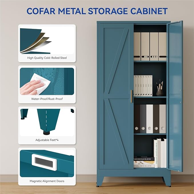 COFaR Metal Pantry Cabinet with Doors, Farmhouse 61'' Tall Storage Cabinet with 3 Adjustable Shelves, Kitchen Pantry Cabinet for Dinning Room, Laundry, Peacock Blue 4-Tier