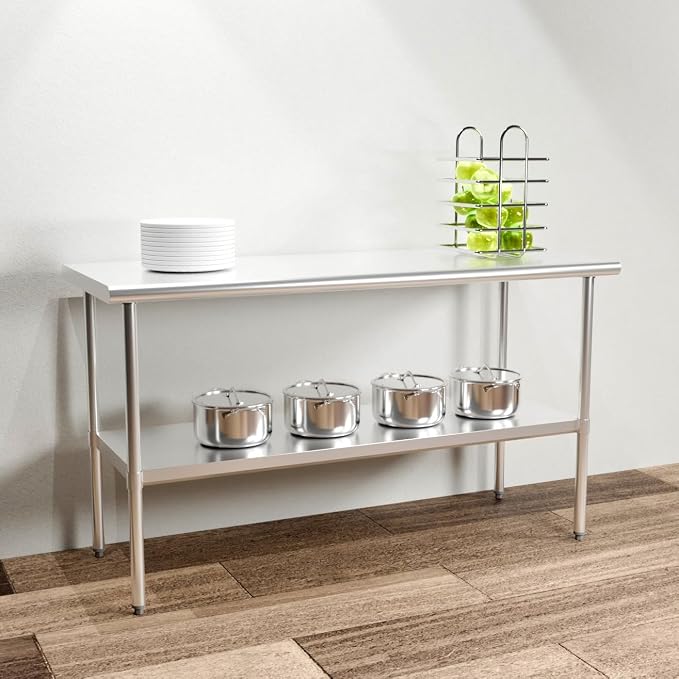 Stainless Steel Prep Table with Undershelf 60x24 Inches 5ft | Heavy Duty Metal Workbench with Adjustable Lower Shelf for Commercial Kitchen Restaurant Laundry Garage Hotel Workshop Chef
