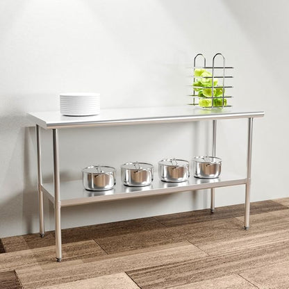 Stainless Steel Prep Table with Undershelf 60x24 Inches 5ft | Heavy Duty Metal Workbench with Adjustable Lower Shelf for Commercial Kitchen Restaurant Laundry Garage Hotel Workshop Chef