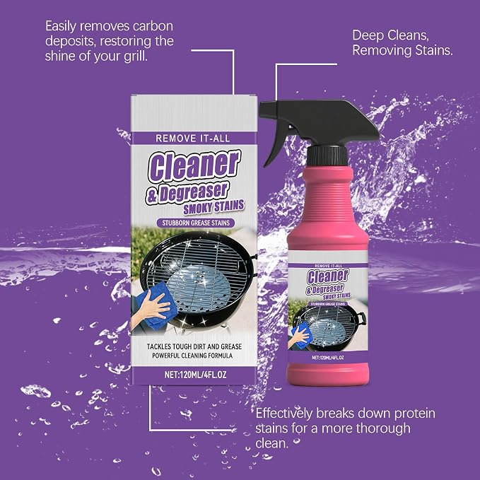 Fast Acting Heavy Duty Grill Degreaser Spray, Remove It-All Grill Cleaner & Degreaser Spray, Removes Carbon Deposits, Food Residue & Smoky Stains, 4 Fl Oz, Spray Bottle