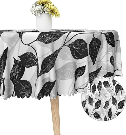 Black and White Leaves Round Tablecloth 70 Inch Floral Plants Farmhouse Table Cloth Kitchen Table Decorations for Home Dinner Party Waterproof Polyester Washable Circle Tables Cover Oilproof