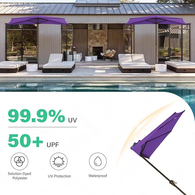 JEAREY 9ft Half Umbrella Outdoor Patio Umbrella Market Umbrellas with Crank, 1/2 Round Wall Umbrella 5 Sturdy Ribs UV Protection for Pool Garden Balcony Deck, Grape Purple