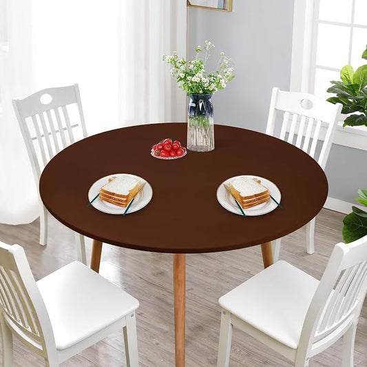 NEWISHER Round Stretch Spandex Fitted Table Cover Brown 60 inch Tablecloth | Fitted Tablecloth, Spandex Stretch Table Cloth, Elastic Edged Tablecloth, Table Top Cover, Tablecloth for Dining Picnic Patio