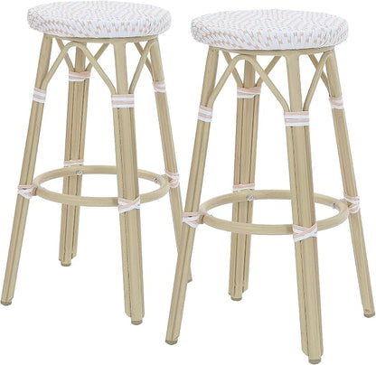 Seadrift Boho 30-inch Aluminum and All-Weather Wicker Barstools with Footrest, Patio Stools & Bar Chairs for Outdoor, Kitchen Counter, Poolside, Yard, Set of 2, White and Pink
