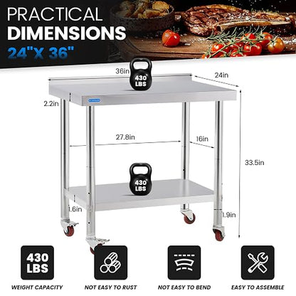 KUARBARR Stainless Steel Table for Prep & Work with 4 Caster Wheels with Backsplash 24 x 36 NSF Metal Commercial Kitchen Adjustable Under Shelf Worktable for Restaurant Home Outdoor