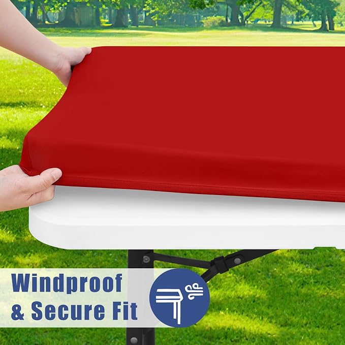 Moosfor 2 Pack Rectangle Spandex Fitted Table Cloth, 5FT Elastic Tablecloth | Washable Picnic Table Cover, Stretch Waterproof Table cloths for Party, Patio, Dining, Kitchen, 30" x 60", Red