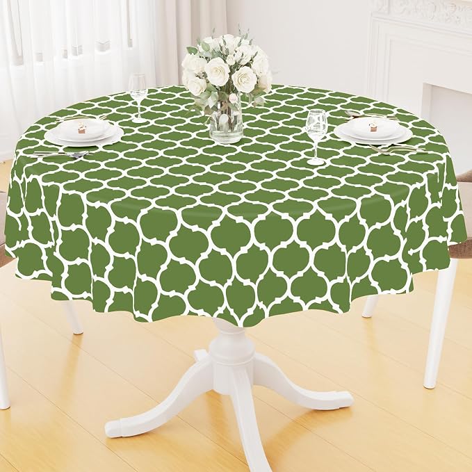 Smiry Round Plastic Table Cloth, Waterproof Vinyl Tablecloth with Flannel Backing for Round Tables, Wipeable & Spillproof for Dining, Camping, Indoor and Outdoor (60" Round, Green)