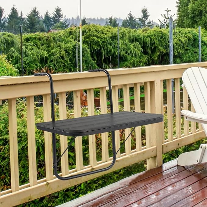 Balcony Railing Table Hanging Folding Deck Railing Table Outdoor Balcony Bar Tables for Railings Hanging Patio Adjustable Aluminium 23.6"(L) x 15.7"(W) All Weather Black