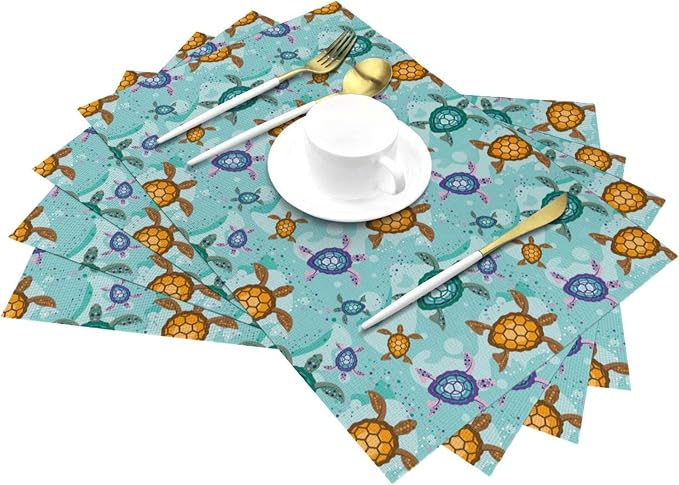 Cute Sea Turtle Placemats Set of 4 Ocean Themed Decorative Table Mat | Washable Non-Slip Heat-Resistant Teal Nautical Linen Place Mats for Kitchen Dining Outdoor Party Home Decor 12"x18"