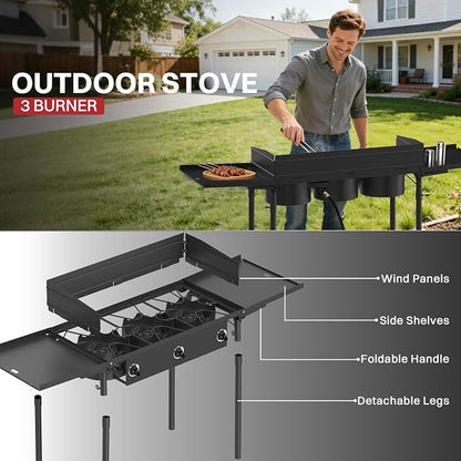 3 Burner Propane Camp Stove | 225,000 BTU | High Pressure Gas Burners | CSA Certified | Side Shelves | Windscreen | Waterproof Cover | Detachable Legs | Ideal for Camping Backyard Outdoor Cooking