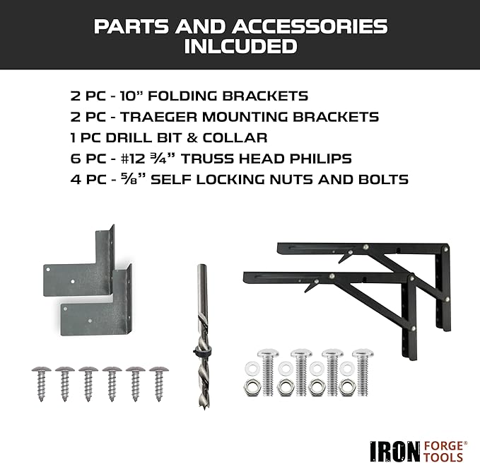 Iron Forge Tools 36.5x12 Wood Folding Grill Shelf Accessory - Charcoal Grill Accessories for Pellet Smoker Barbeque - Compatible with Traeger Pro 34, Pro 780, Ironwood 885 Series Texas Elite, Eastwood