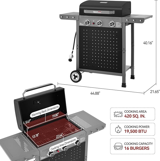 Royal Gourmet GL3001 3-Burner Gas Grill with Pegboard, 420 Sq. In. Cooking Area, 19,500 BTU, Foldable Side Shelves with Hooks, Two Large Wheels, Ideal for Backyard and Patio, Black & Cool Gray