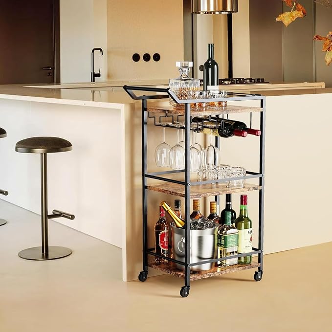 LOTEYIKE 3 Tier Bar Cart, Mini Liquor Utility Cart for Wine Beverage Dinner Party, Rolling Wine Coffee Drink Serving Cart with Lockable Wheels for Home Kitchen Bars (Rustic Brown) | Rolling Wine Coffee Drink Serving Cart with Lockable Wheels for Home K...