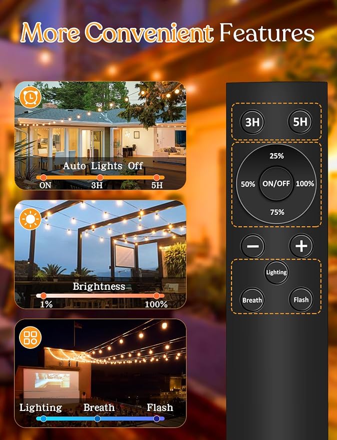 YOYONACY 50 FT Outdoor String Lights - LED Waterproof Patio Lights with Dimmer Remote - Edison Bulbs for Porch, Backyard & Cafe/Bistro