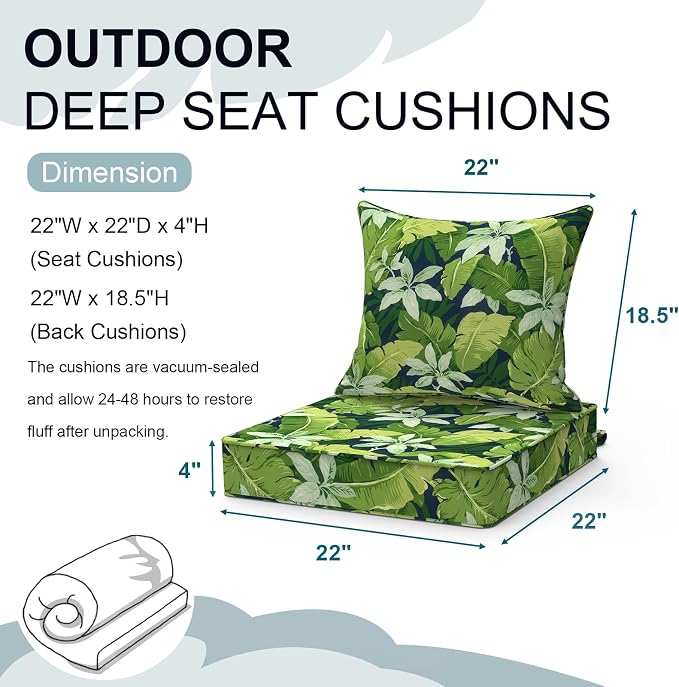 DYTXIII Outdoor Deep Seat Cushion Set, Water Repellent 22"x22" Patio Thick Cushions Replacement with Seat & Back Pillow for Patio Sofa, Wicker Chair, Couch - Jungle Leaves