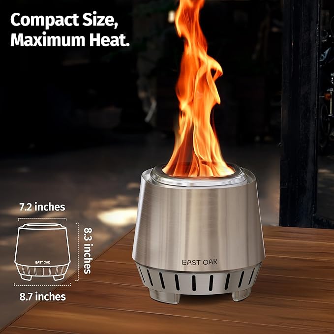 East Oak Fuoco Smokeless Fire Pit 7'' for Patio and Outdoor, 3-in-1 Ash Pan | Portable Wood & Pellet Tabletop Firepit | Stainless Steel 120% More Efficient Burn | Easy Ignition & Compact Design