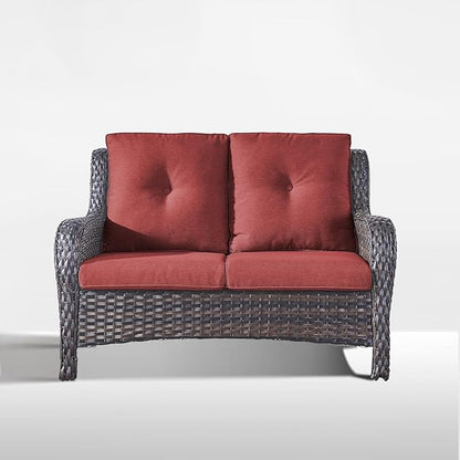 Outdoor Loveseat Sofa-2 Seater Rattan Wicker Patio Couch High Back Patio Sofa for Porch Deck Backyard-Brown/Red
