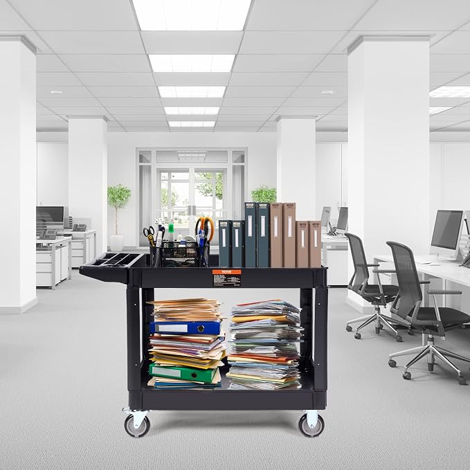 VEVOR Utility Service Cart 2 Shelf 550 lbs Heavy Duty Plastic Rolling Cart | Heavy Duty Utility Cart with 360° Swivel Wheels, Large Lipped Shelf, Ergonomic Storage Handle for Warehouse/Garage/Cleaning