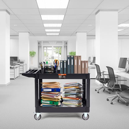 VEVOR Utility Service Cart 2 Shelf 550 lbs Heavy Duty Plastic Rolling Cart | Heavy Duty Utility Cart with 360° Swivel Wheels, Large Lipped Shelf, Ergonomic Storage Handle for Warehouse/Garage/Cleaning
